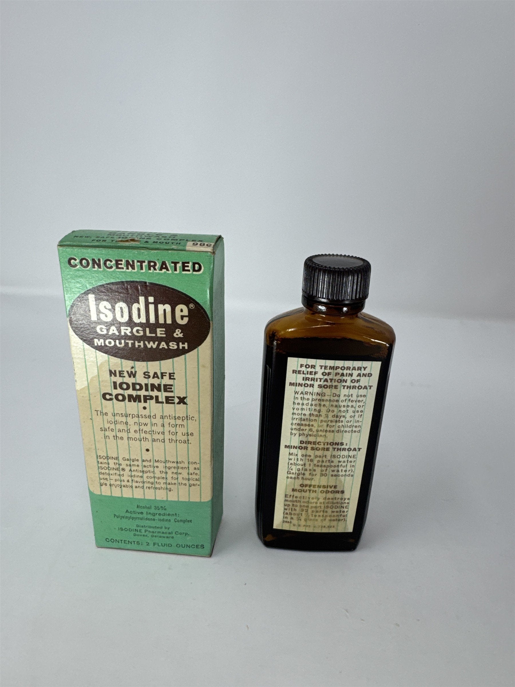 Vintage Isodine Gargle Mouthwash 2oz Bottle & Box Isodine Pharmacal Delaware