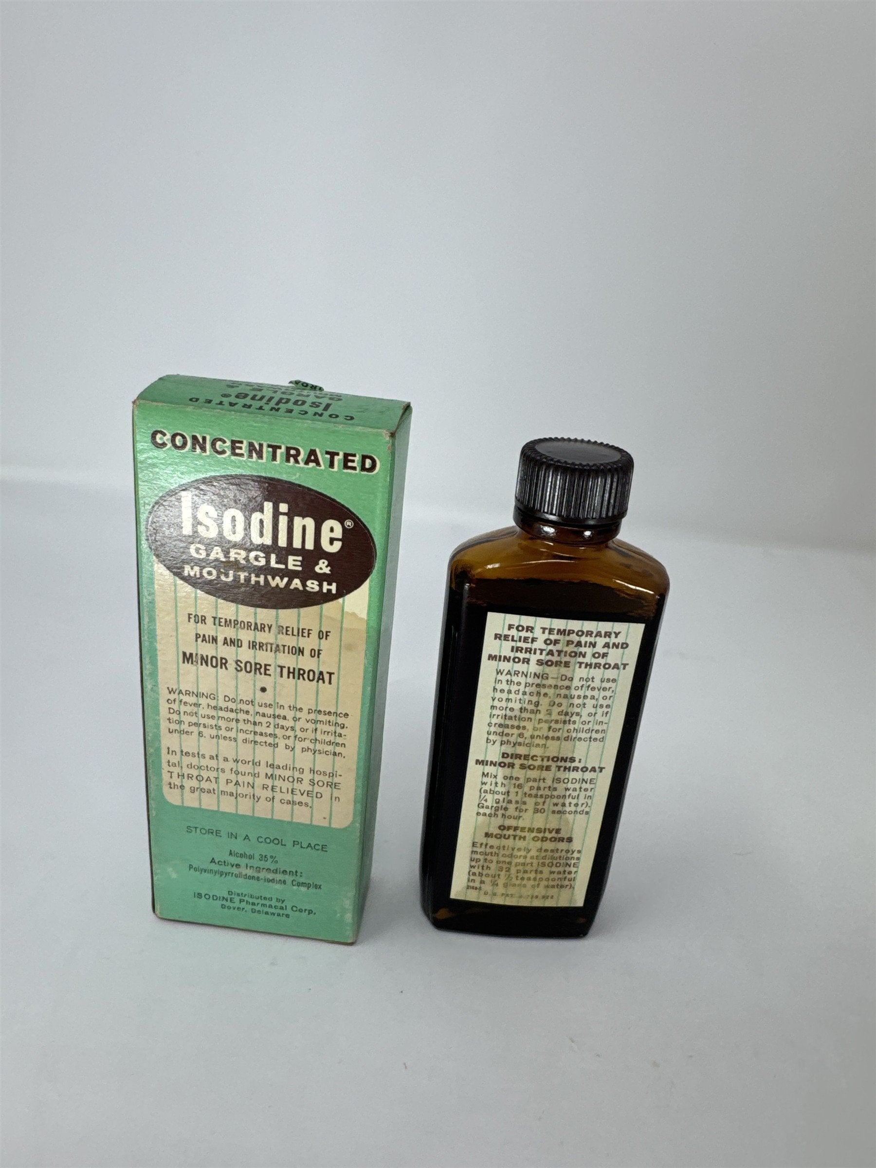 Vintage Isodine Gargle Mouthwash 2oz Bottle & Box Isodine Pharmacal Delaware