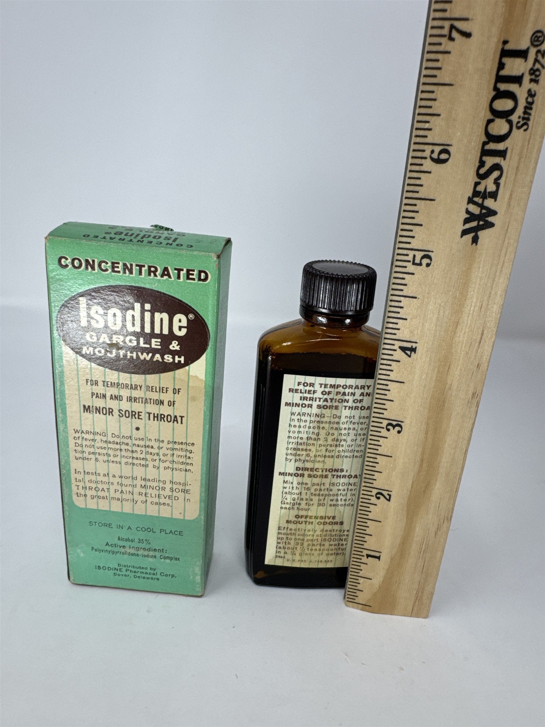Vintage Isodine Gargle Mouthwash 2oz Bottle & Box Isodine Pharmacal Delaware