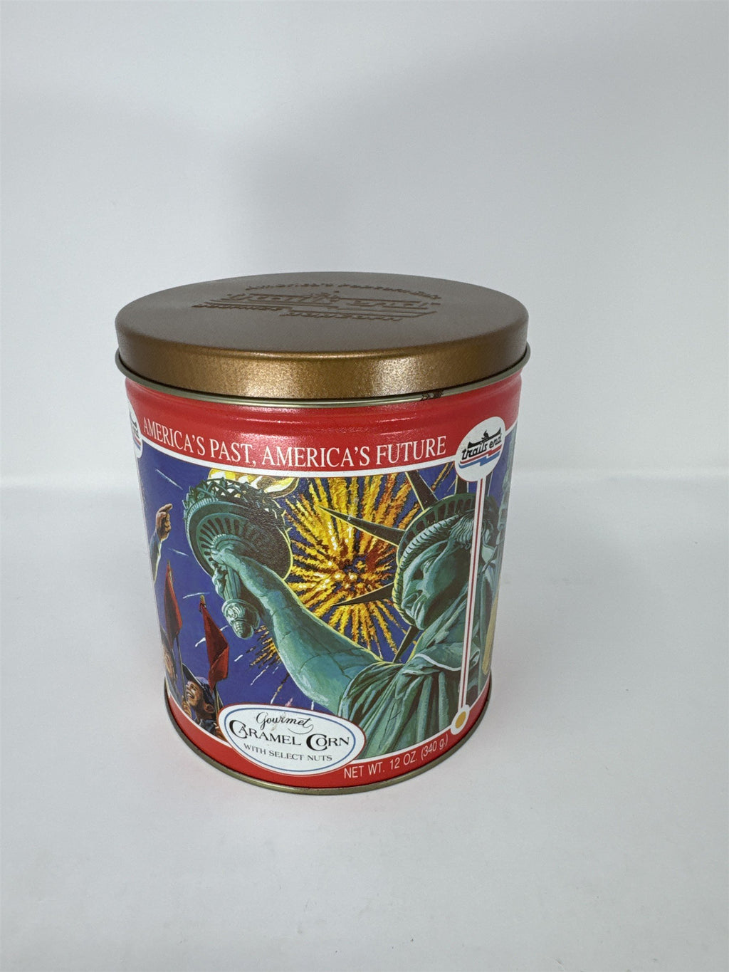 Vtg Trail's End Gourmet Caramel Corn Tin America's Past & Future Bronze Lid