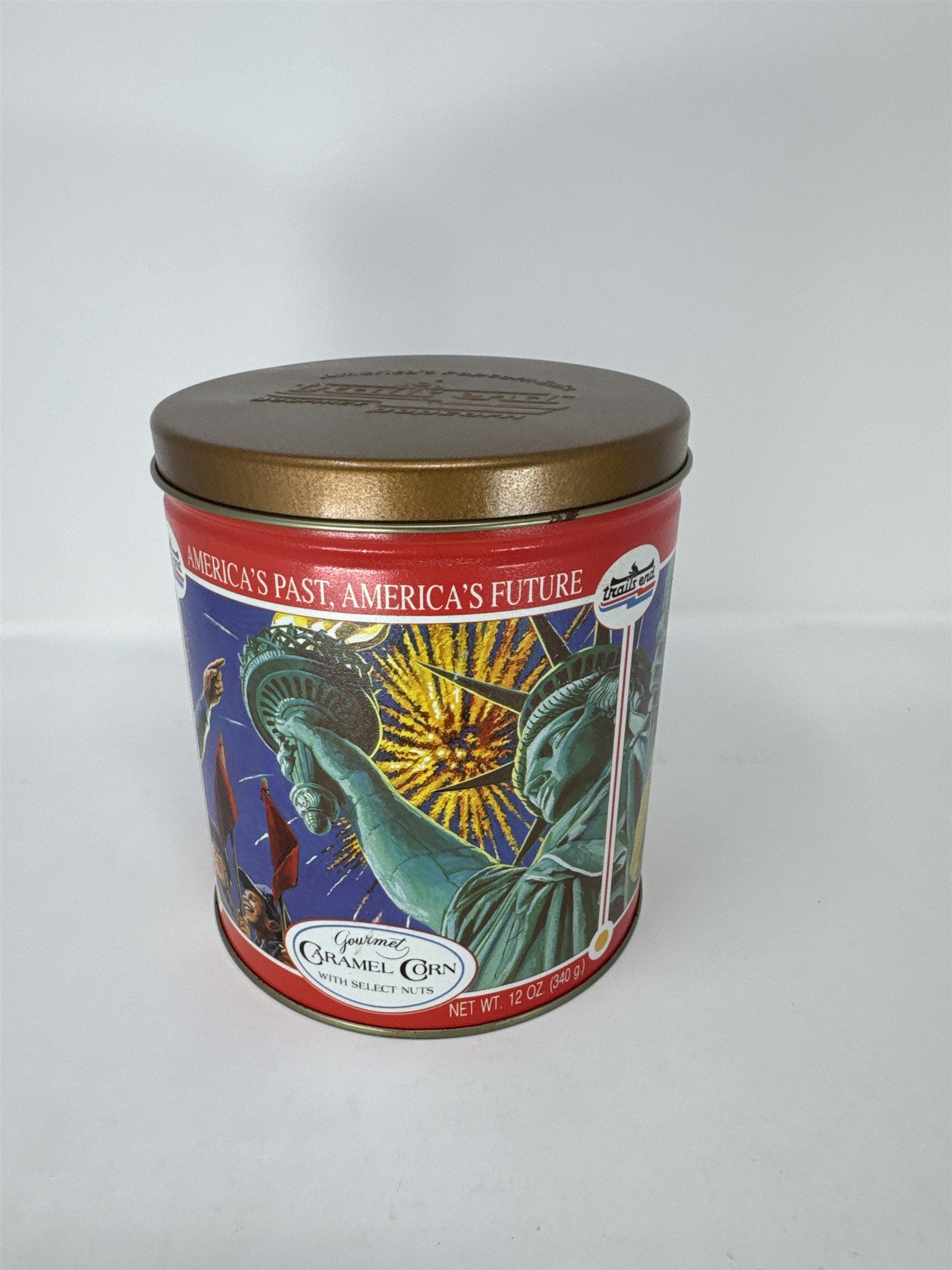 Vtg Trail's End Gourmet Caramel Corn Tin America's Past & Future Bronze Lid