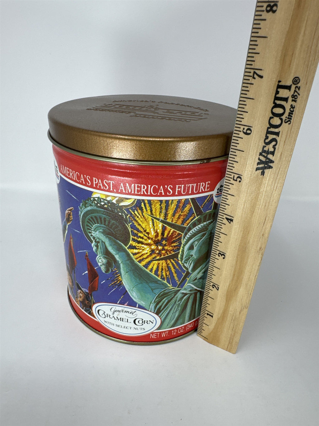 Vtg Trail's End Gourmet Caramel Corn Tin America's Past & Future Bronze Lid
