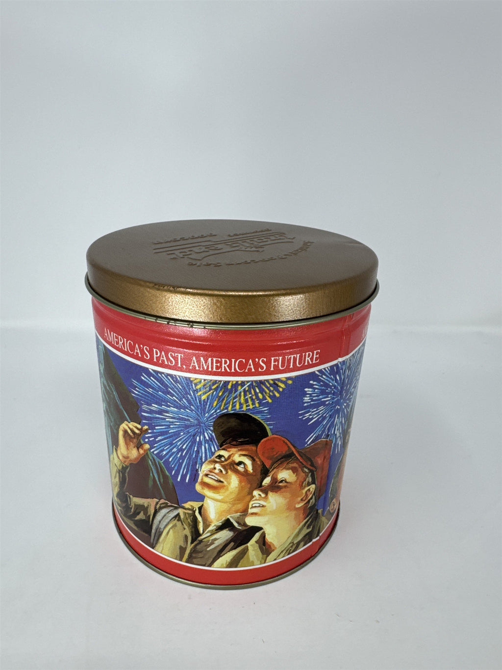 Vtg Trail's End Gourmet Caramel Corn Tin America's Past & Future Bronze Lid