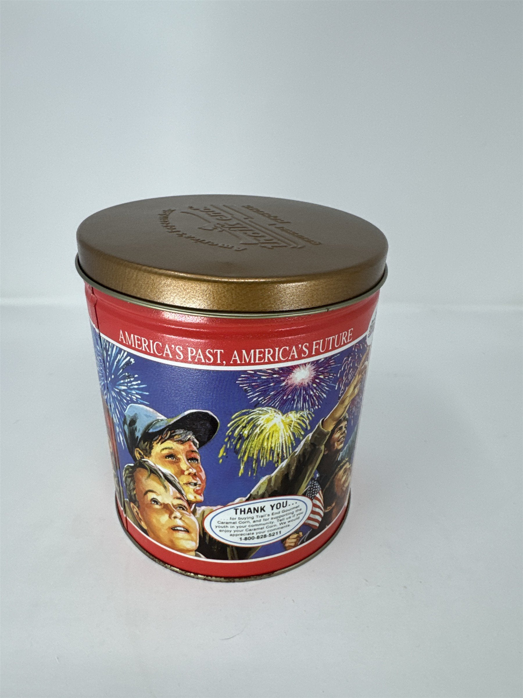Vtg Trail's End Gourmet Caramel Corn Tin America's Past & Future Bronze Lid