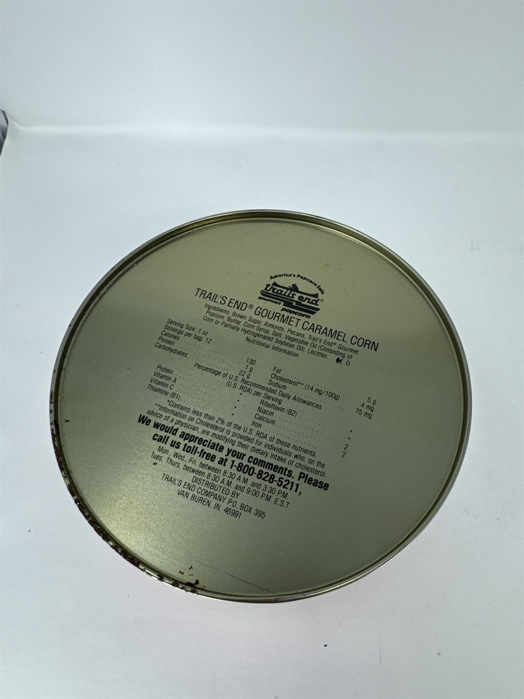 Vtg Trail's End Gourmet Caramel Corn Tin America's Past & Future Bronze Lid