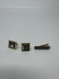 Vintage Mens Cufflinks Tie Bar Set Gold Tone Gray Etched Floral Mid Century VTG
