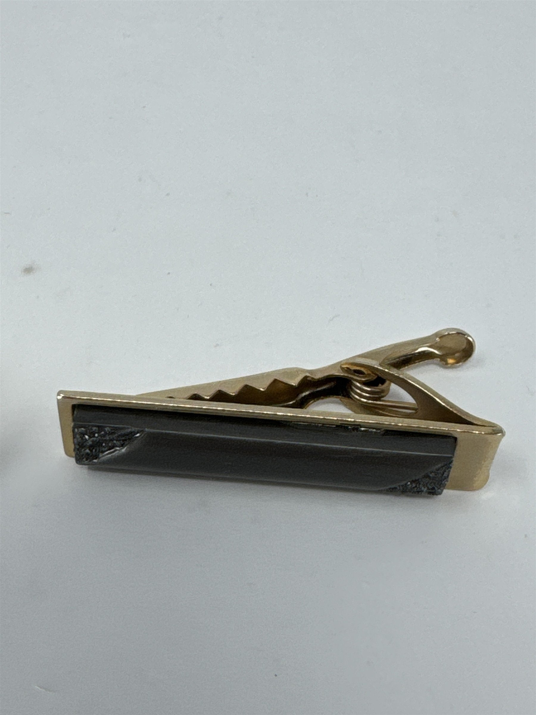 Vintage Mens Cufflinks Tie Bar Set Gold Tone Gray Etched Floral Mid Century VTG