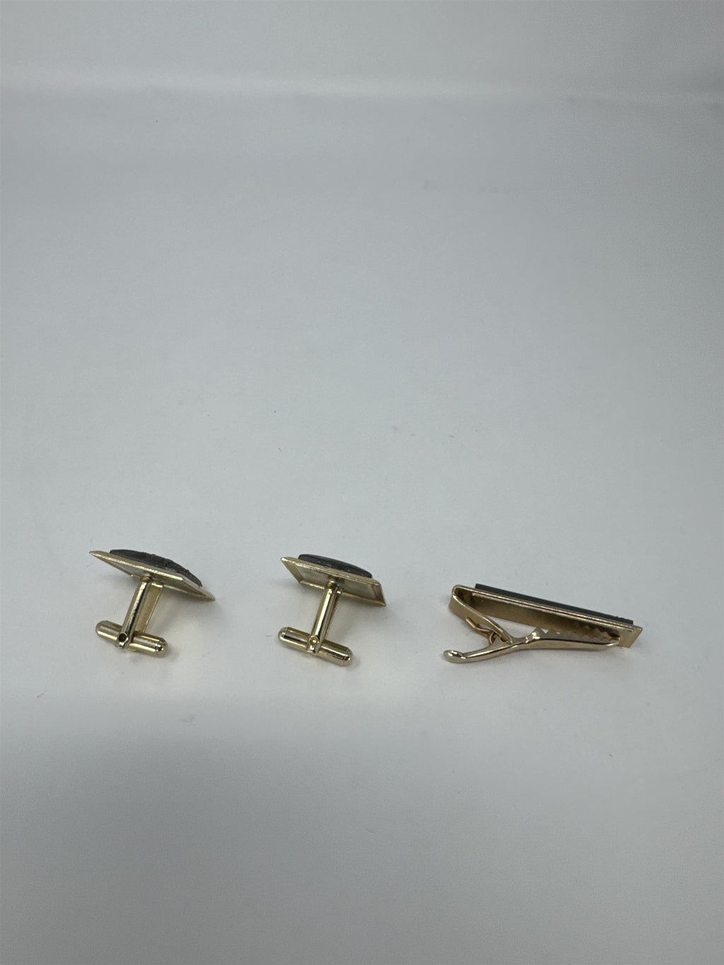 Vintage Mens Cufflinks Tie Bar Set Gold Tone Gray Etched Floral Mid Century VTG
