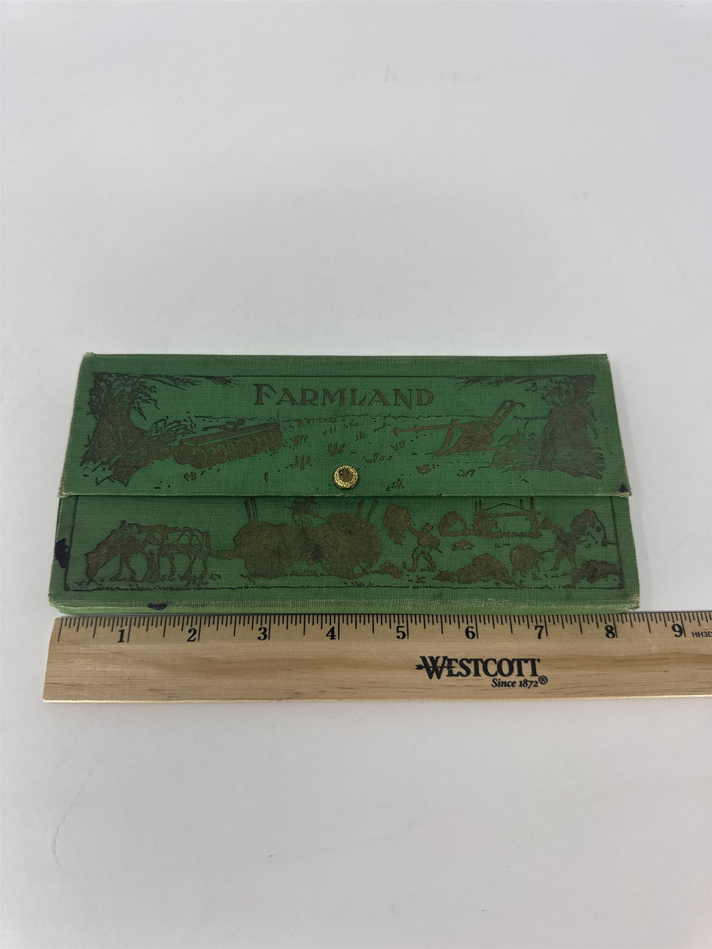 Vintage Farmland Pencil Box Green 3-Compartment Case Farm Animals Art Deco MCM