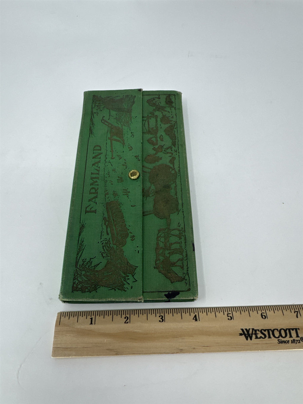 Vintage Farmland Pencil Box Green 3-Compartment Case Farm Animals Art Deco MCM