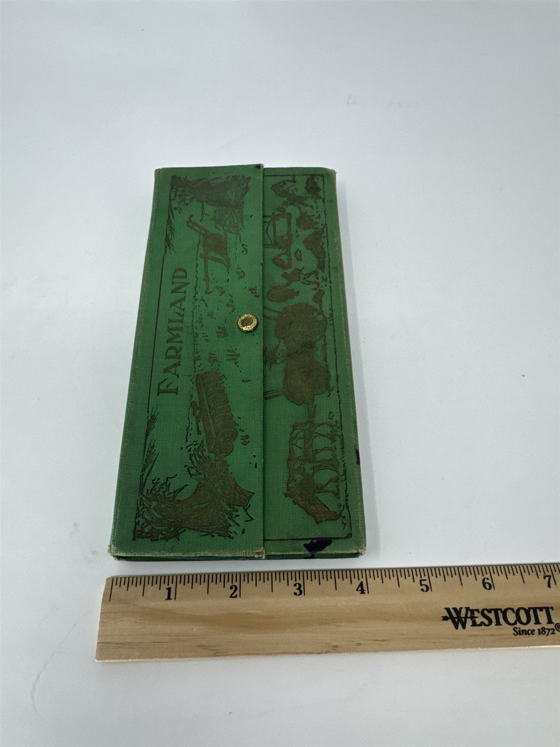 Vintage Farmland Pencil Box Green 3-Compartment Case Farm Animals Art Deco MCM