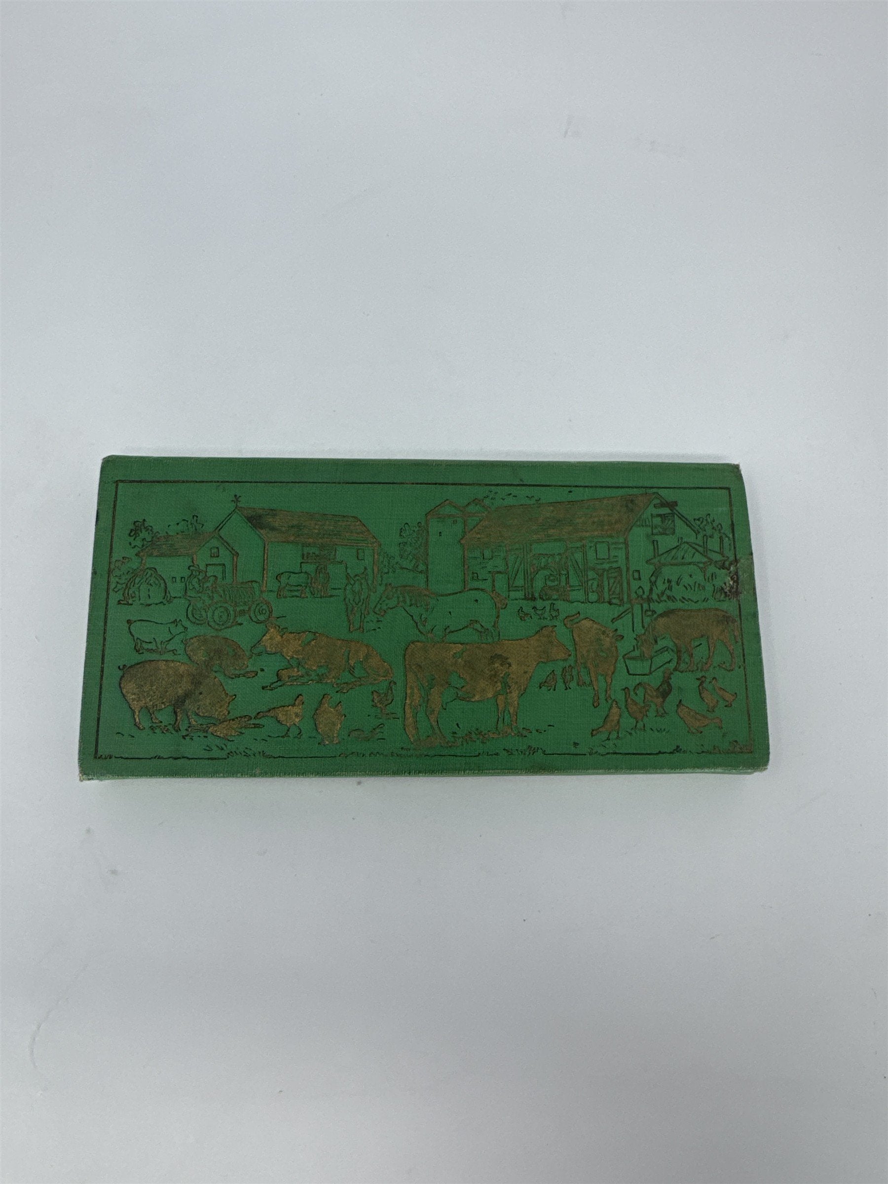 Vintage Farmland Pencil Box Green 3-Compartment Case Farm Animals Art Deco MCM