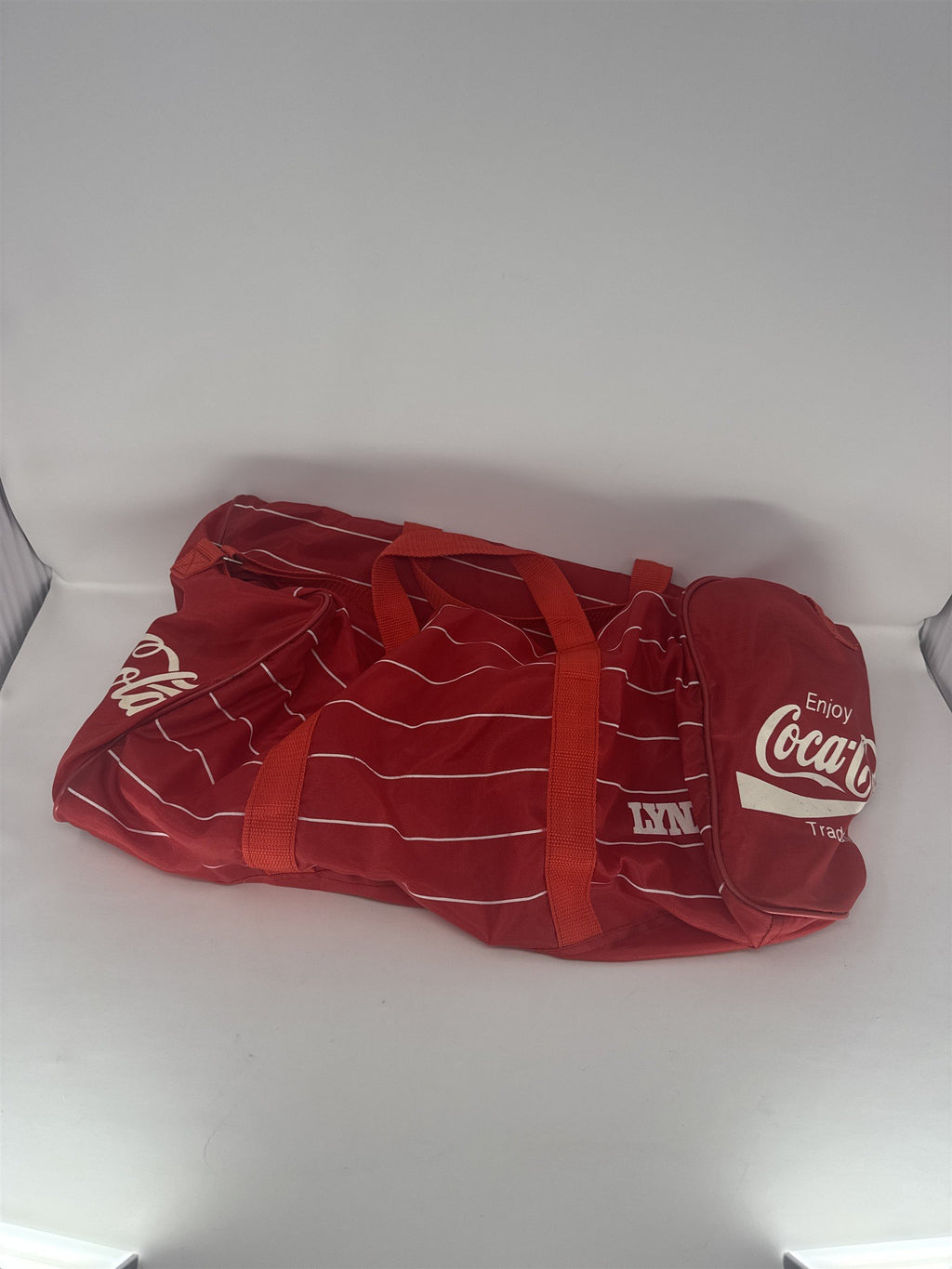 Vintage 80s Coca-Cola Lynx Duffle Bag Red Pinstripe Soda Advertising Retro Gym