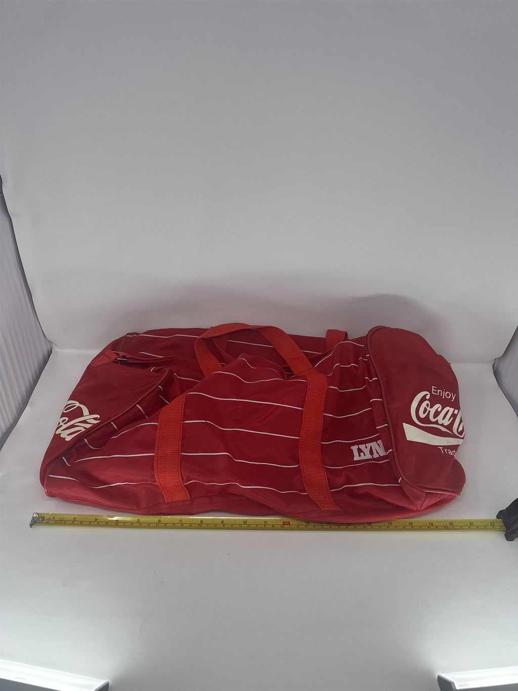 Vintage 80s Coca-Cola Lynx Duffle Bag Red Pinstripe Soda Advertising Retro Gym