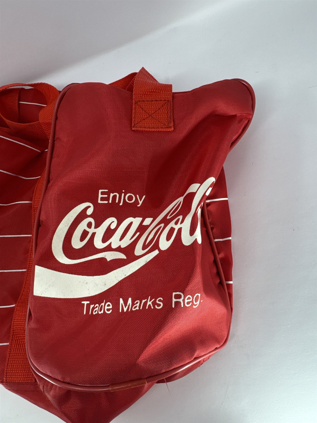 Vintage 80s Coca-Cola Lynx Duffle Bag Red Pinstripe Soda Advertising Retro Gym