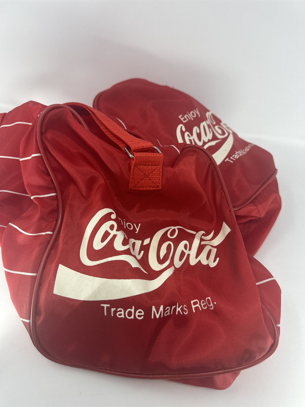 Vintage 80s Coca-Cola Lynx Duffle Bag Red Pinstripe Soda Advertising Retro Gym