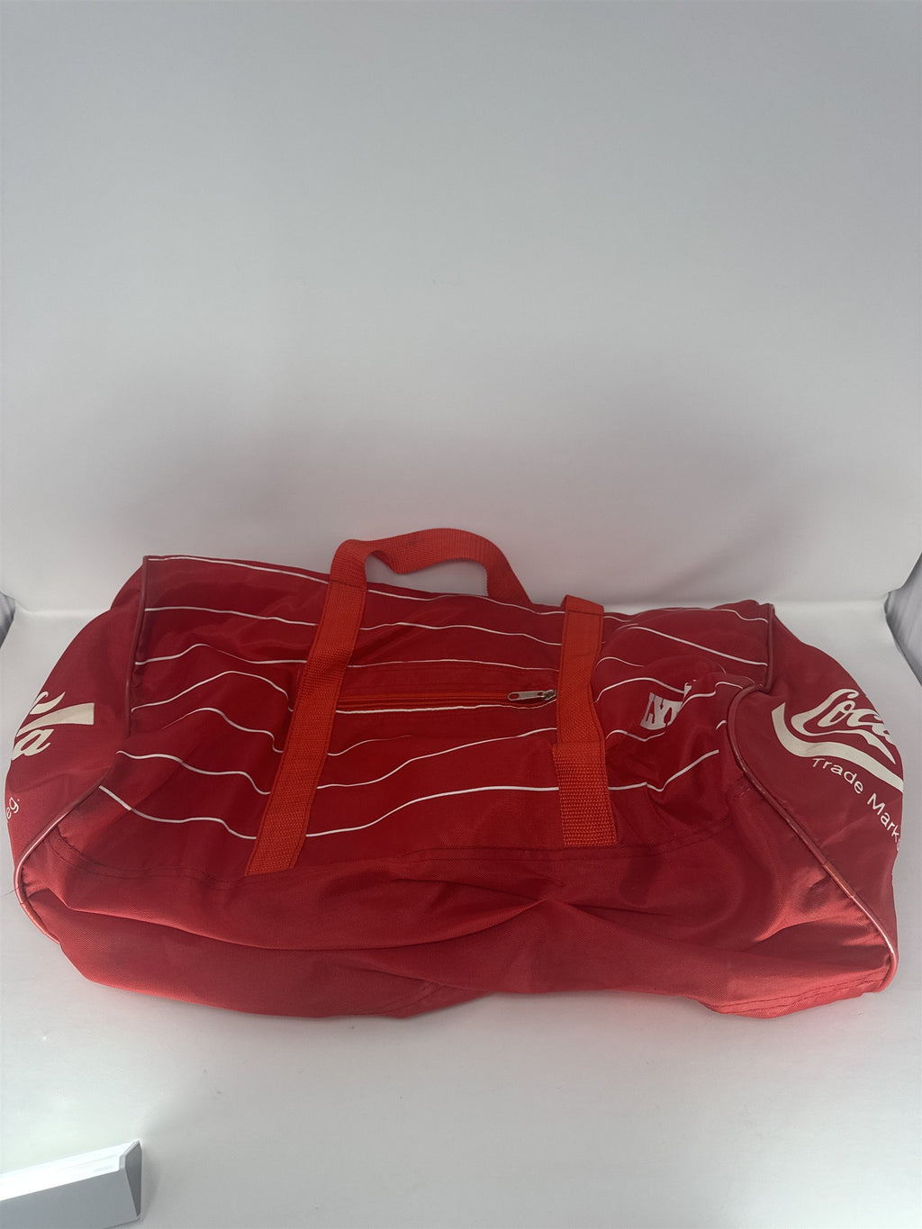 Vintage 80s Coca-Cola Lynx Duffle Bag Red Pinstripe Soda Advertising Retro Gym