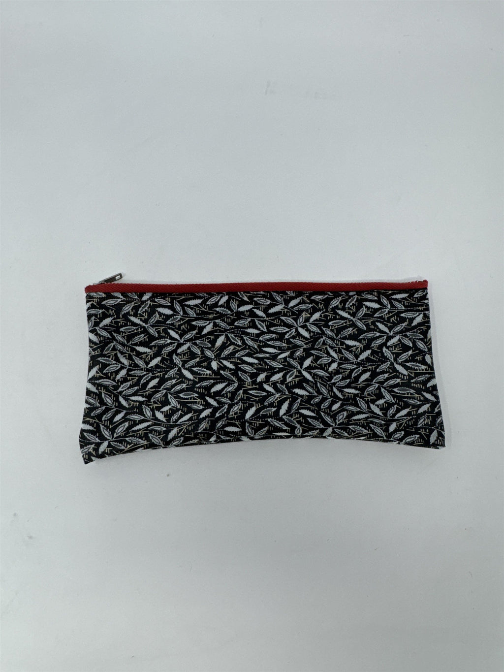 Vintage Pencil Case Pouch Black White Leaf Pattern Red Zipper Stationery Makeup