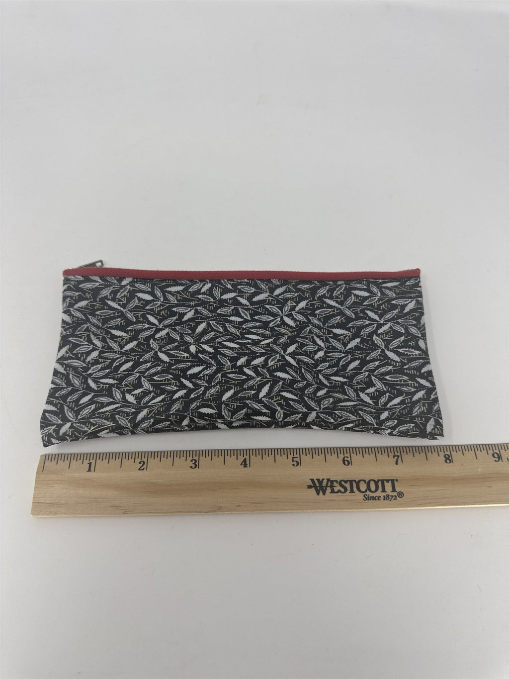 Vintage Pencil Case Pouch Black White Leaf Pattern Red Zipper Stationery Makeup