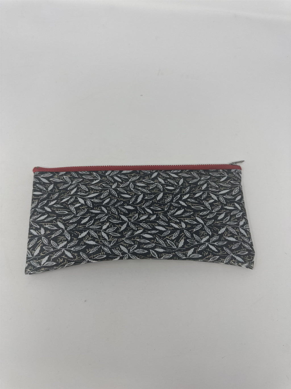 Vintage Pencil Case Pouch Black White Leaf Pattern Red Zipper Stationery Makeup