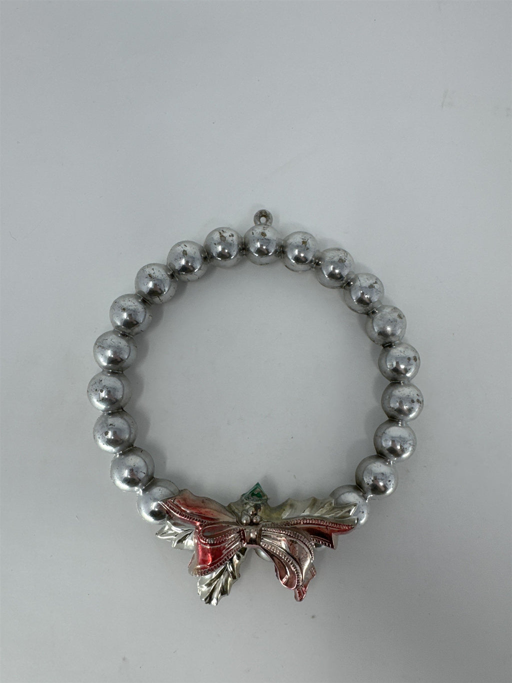 Vintage Silver Plastic Bead Wreath Ornament MCM Red Holly Bow Christmas