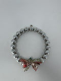 Vintage Silver Plastic Bead Wreath Ornament MCM Red Holly Bow Christmas