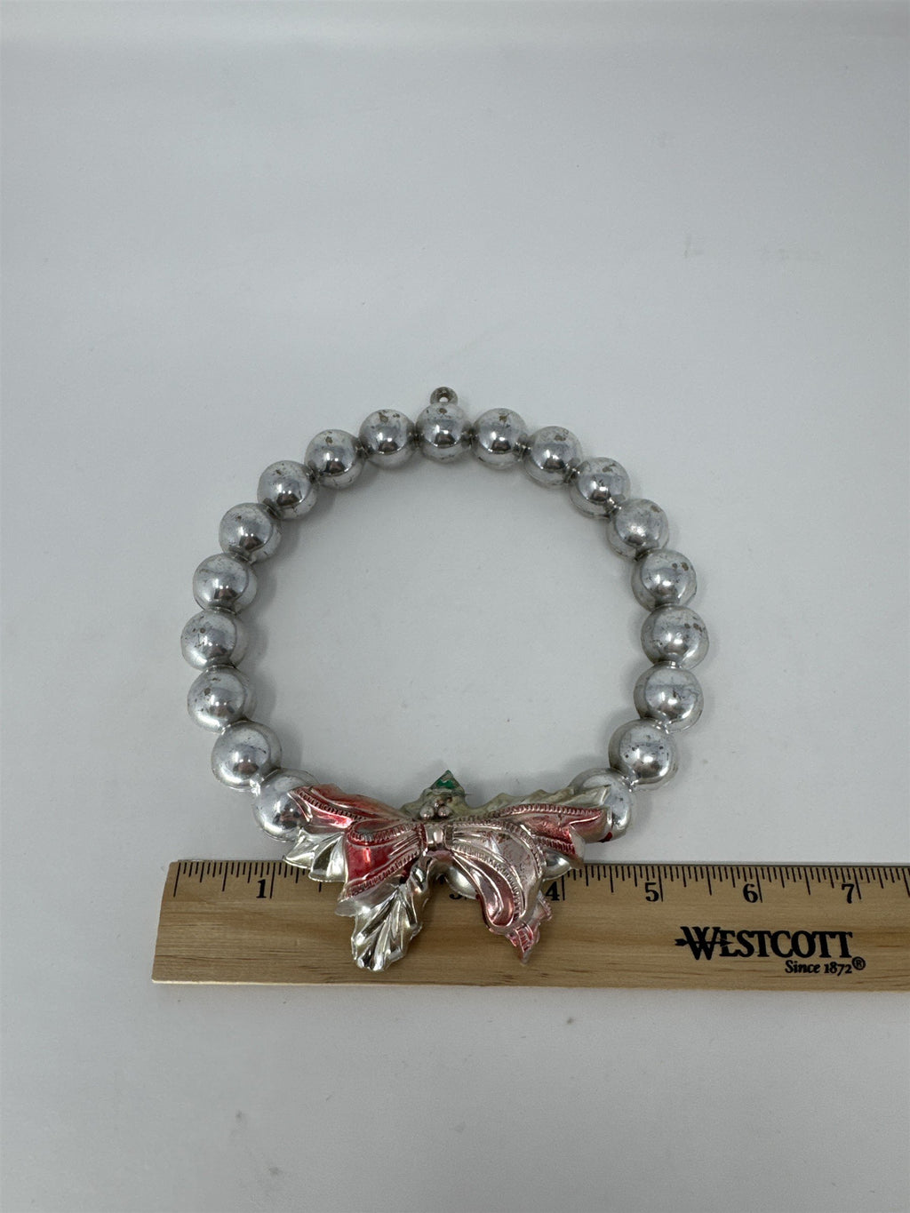 Vintage Silver Plastic Bead Wreath Ornament MCM Red Holly Bow Christmas