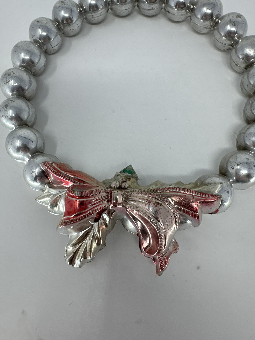 Vintage Silver Plastic Bead Wreath Ornament MCM Red Holly Bow Christmas