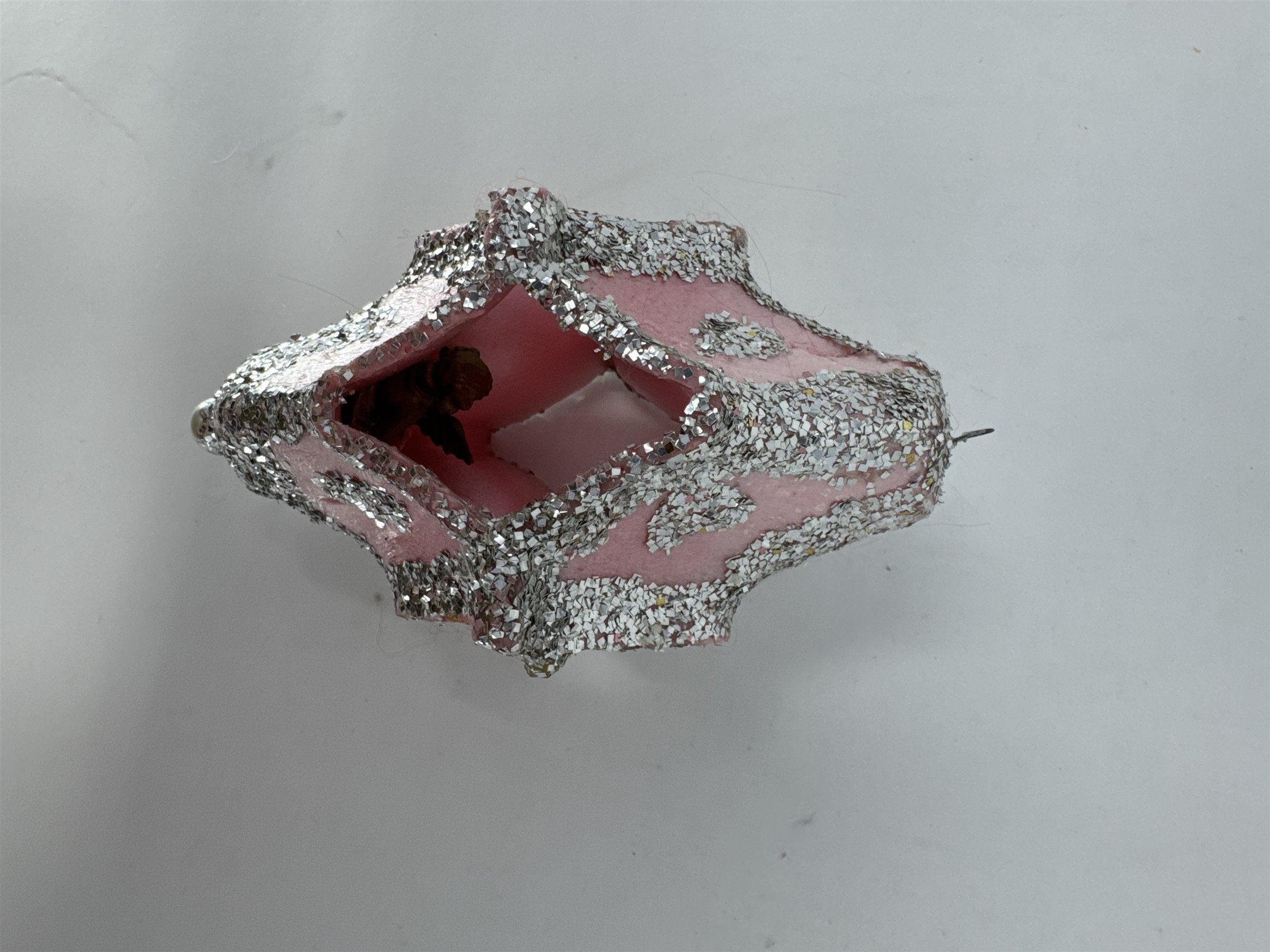 Vtg MCM Egg Carton Angel Diorama Ornament Pink Silver Glitter Handmade 4"