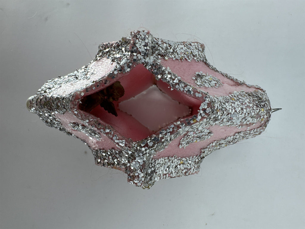 Vtg MCM Egg Carton Angel Diorama Ornament Pink Silver Glitter Handmade 4"