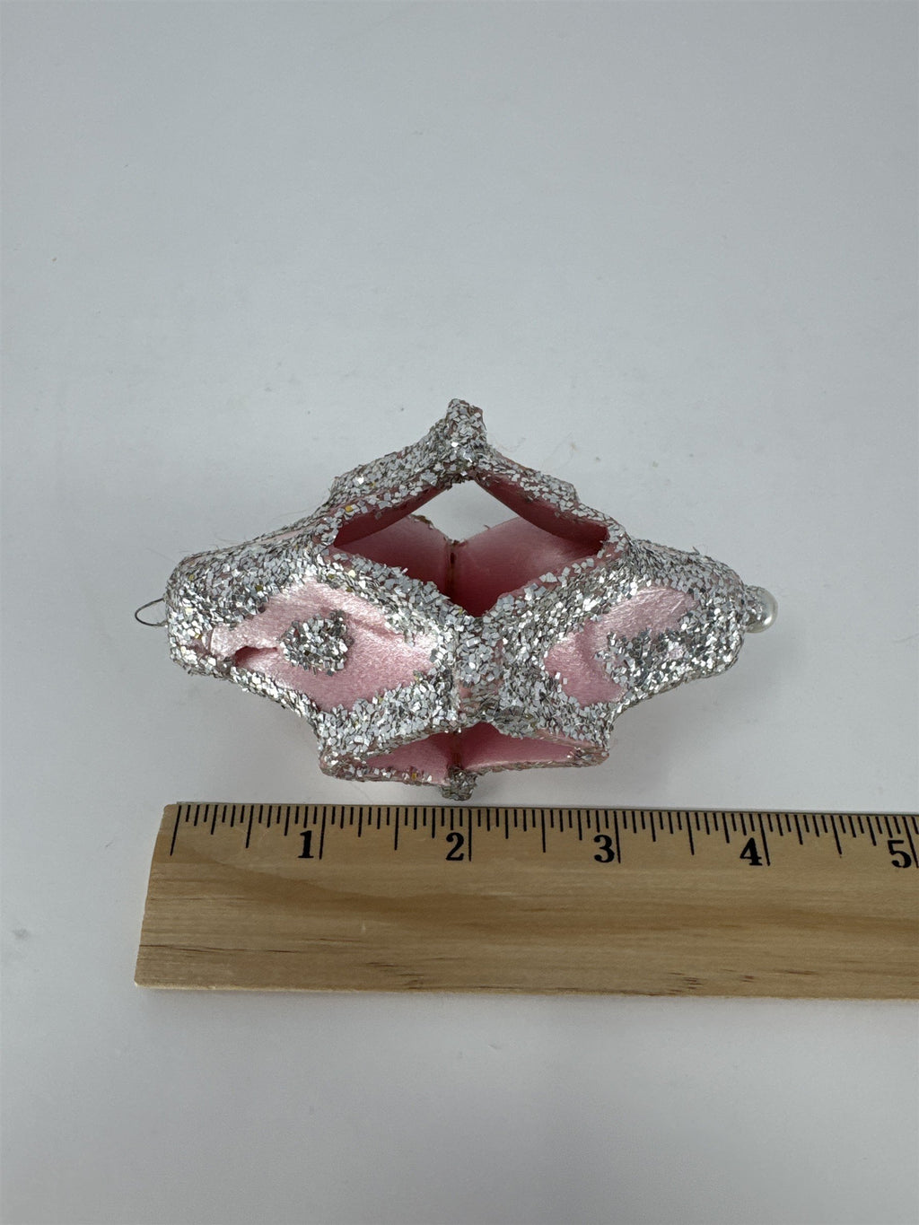 Vtg MCM Egg Carton Angel Diorama Ornament Pink Silver Glitter Handmade 4"