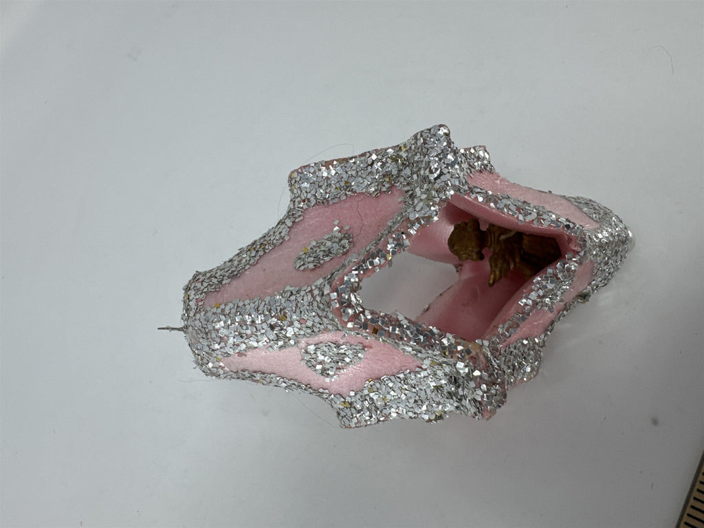 Vtg MCM Egg Carton Angel Diorama Ornament Pink Silver Glitter Handmade 4"