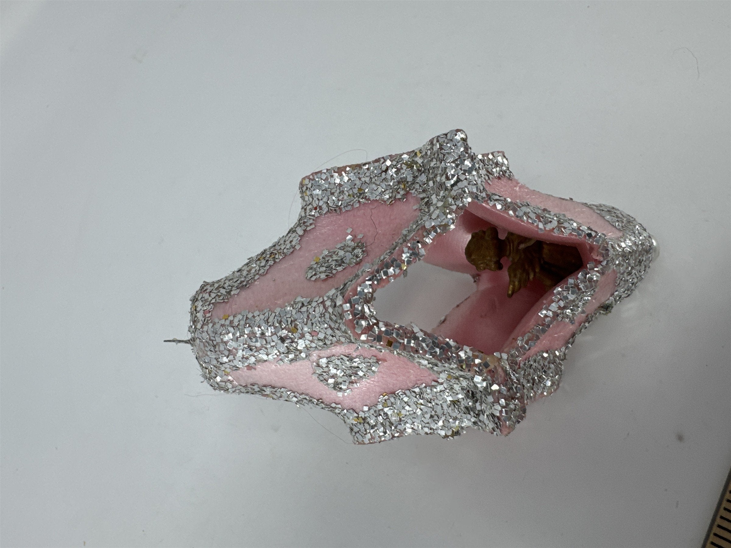 Vtg MCM Egg Carton Angel Diorama Ornament Pink Silver Glitter Handmade 4"
