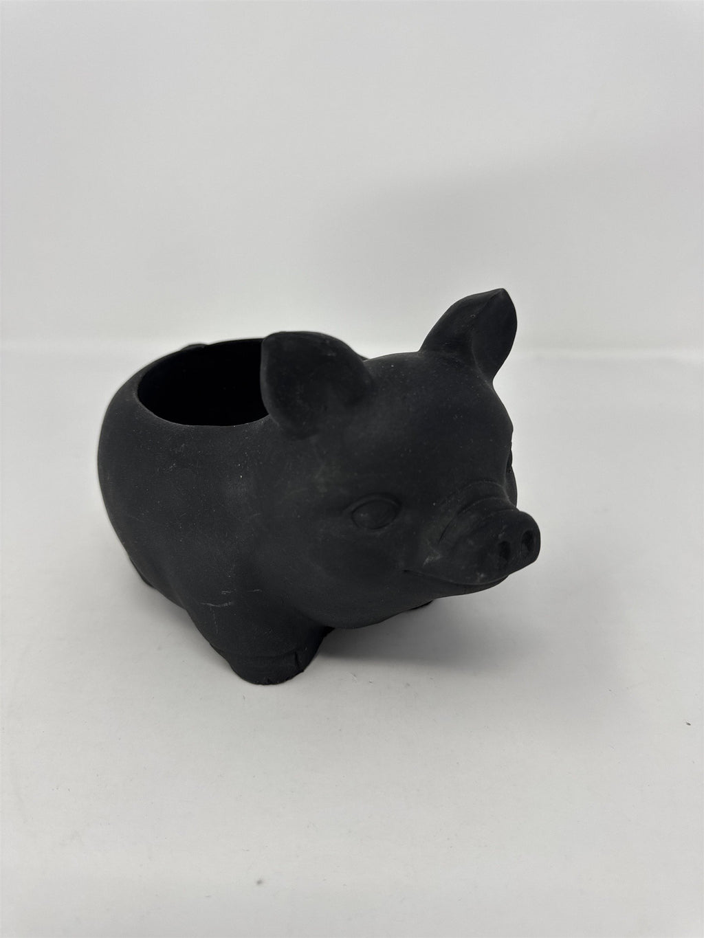 Black Ceramic Pig Planter Matte Finish Succulent Flower Pot 7" Heavy Decor