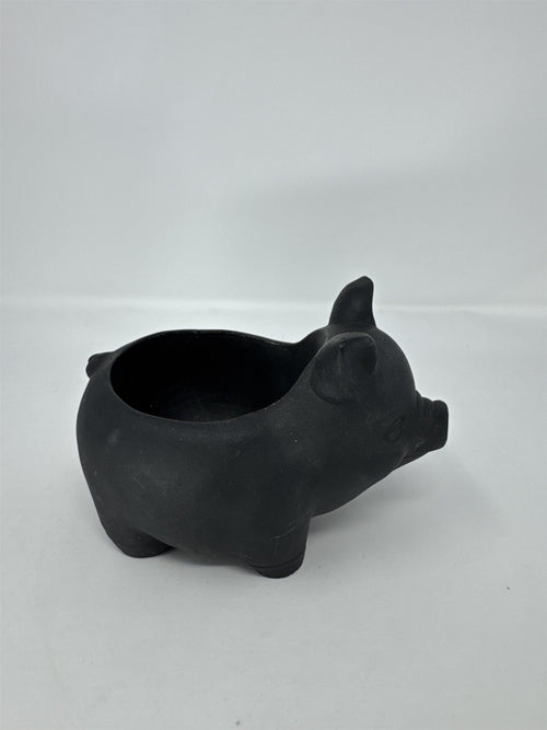 Black Ceramic Pig Planter Matte Finish Succulent Flower Pot 7" Heavy Decor