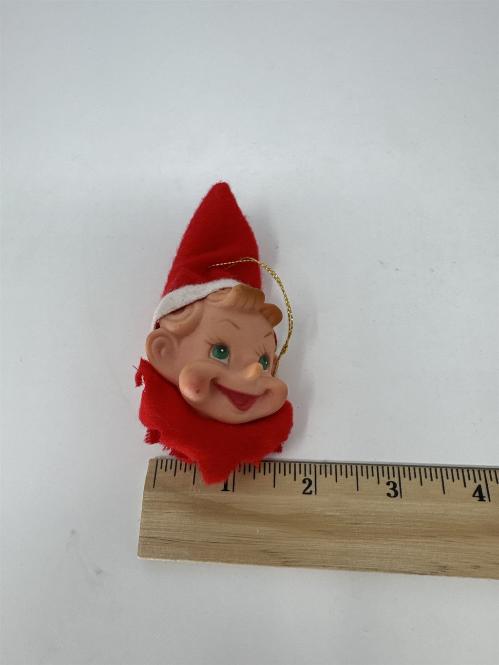 Vintage Christmas Pixie Elf Ornament Rubber Face Red Felt Hat MCM Kitsch