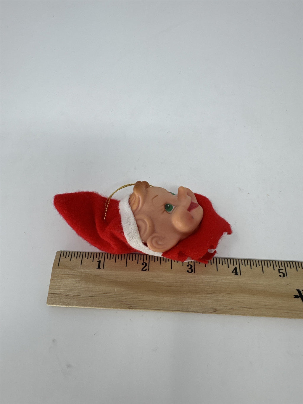 Vintage Christmas Pixie Elf Ornament Rubber Face Red Felt Hat MCM Kitsch