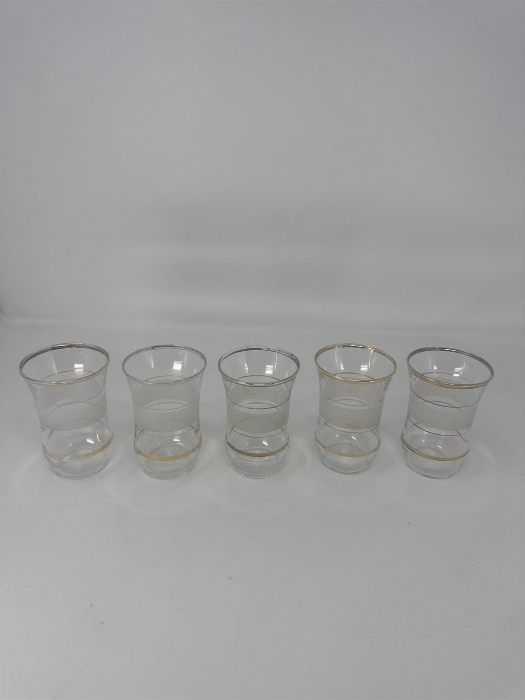 Vintage MCM Frosted Gold Trim Juice Glasses Set of 5 Flared Gilded Tumblers