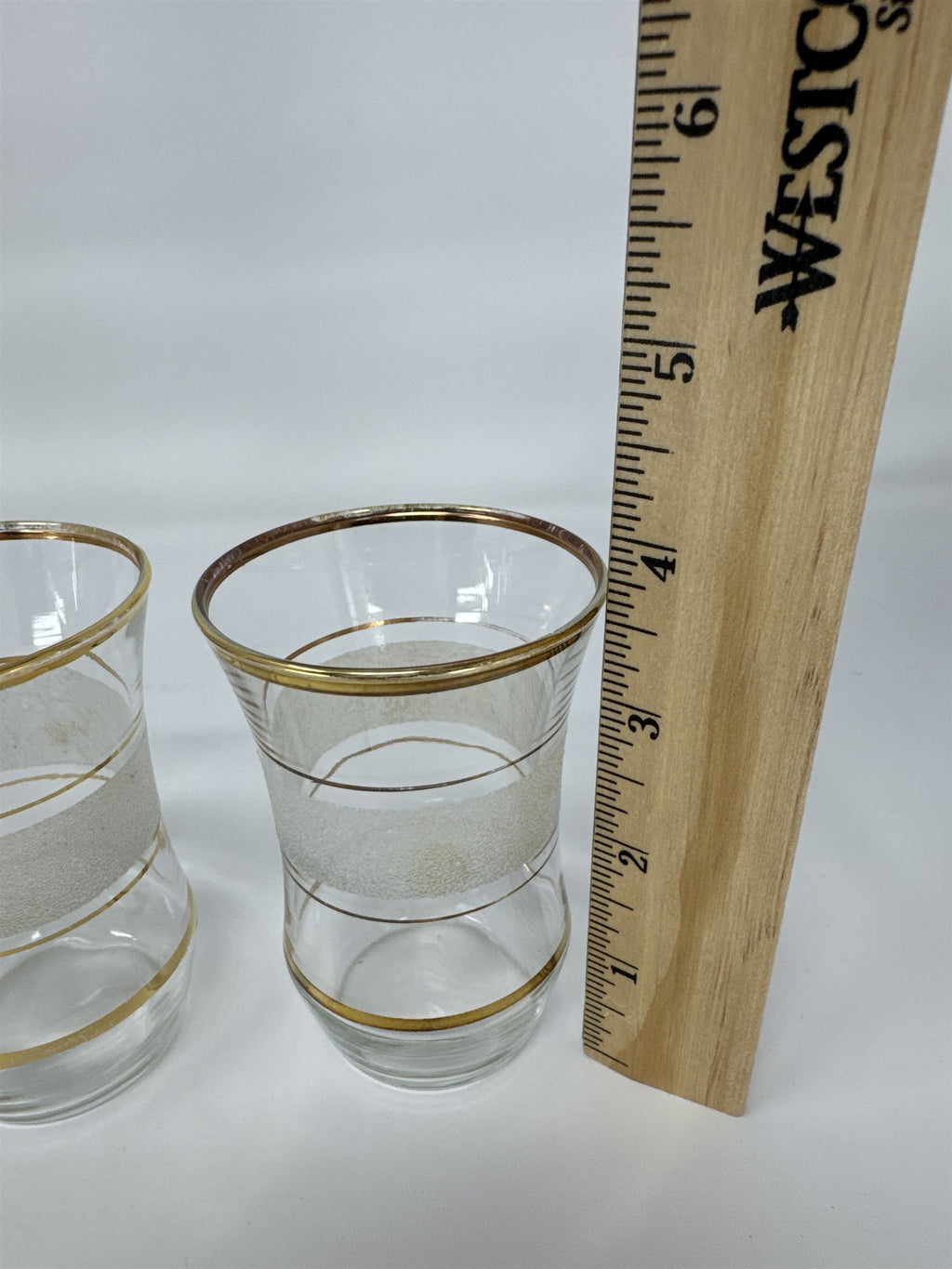 Vintage MCM Frosted Gold Trim Juice Glasses Set of 5 Flared Gilded Tumblers