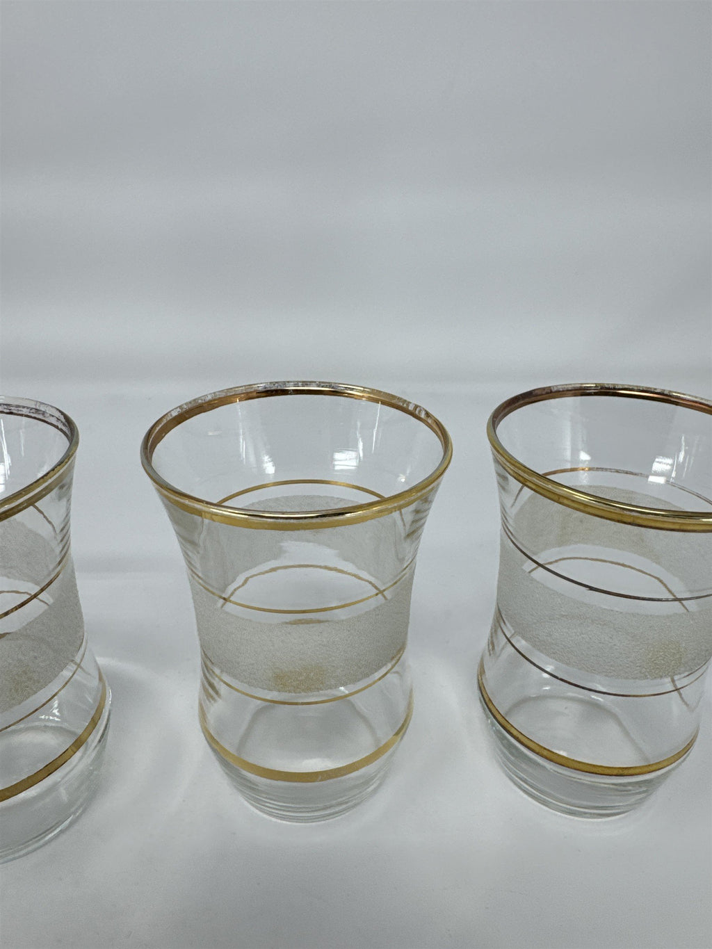 Vintage MCM Frosted Gold Trim Juice Glasses Set of 5 Flared Gilded Tumblers