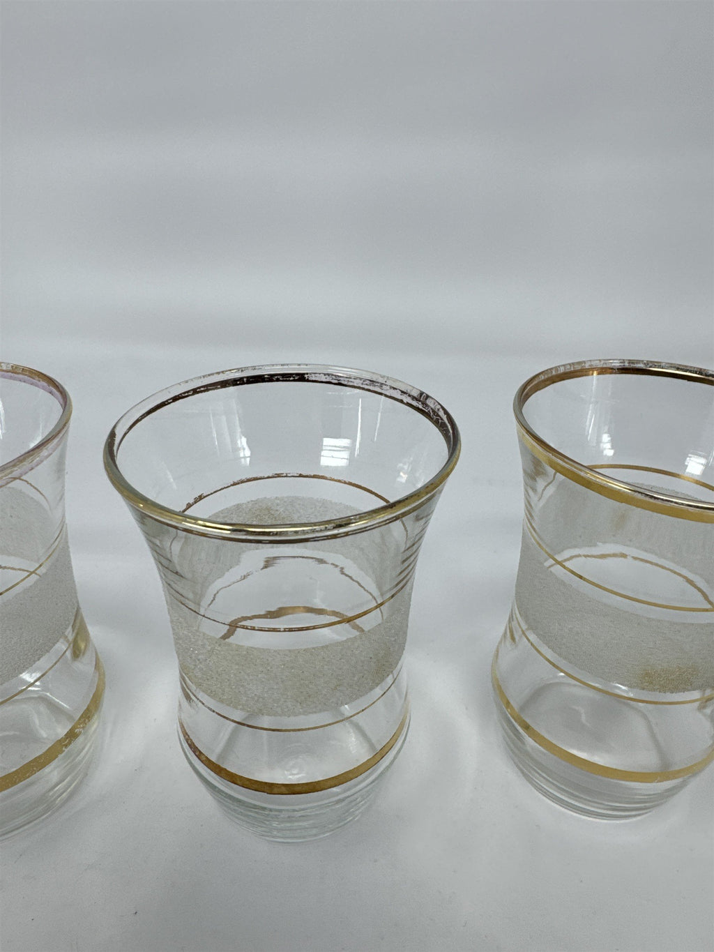 Vintage MCM Frosted Gold Trim Juice Glasses Set of 5 Flared Gilded Tumblers
