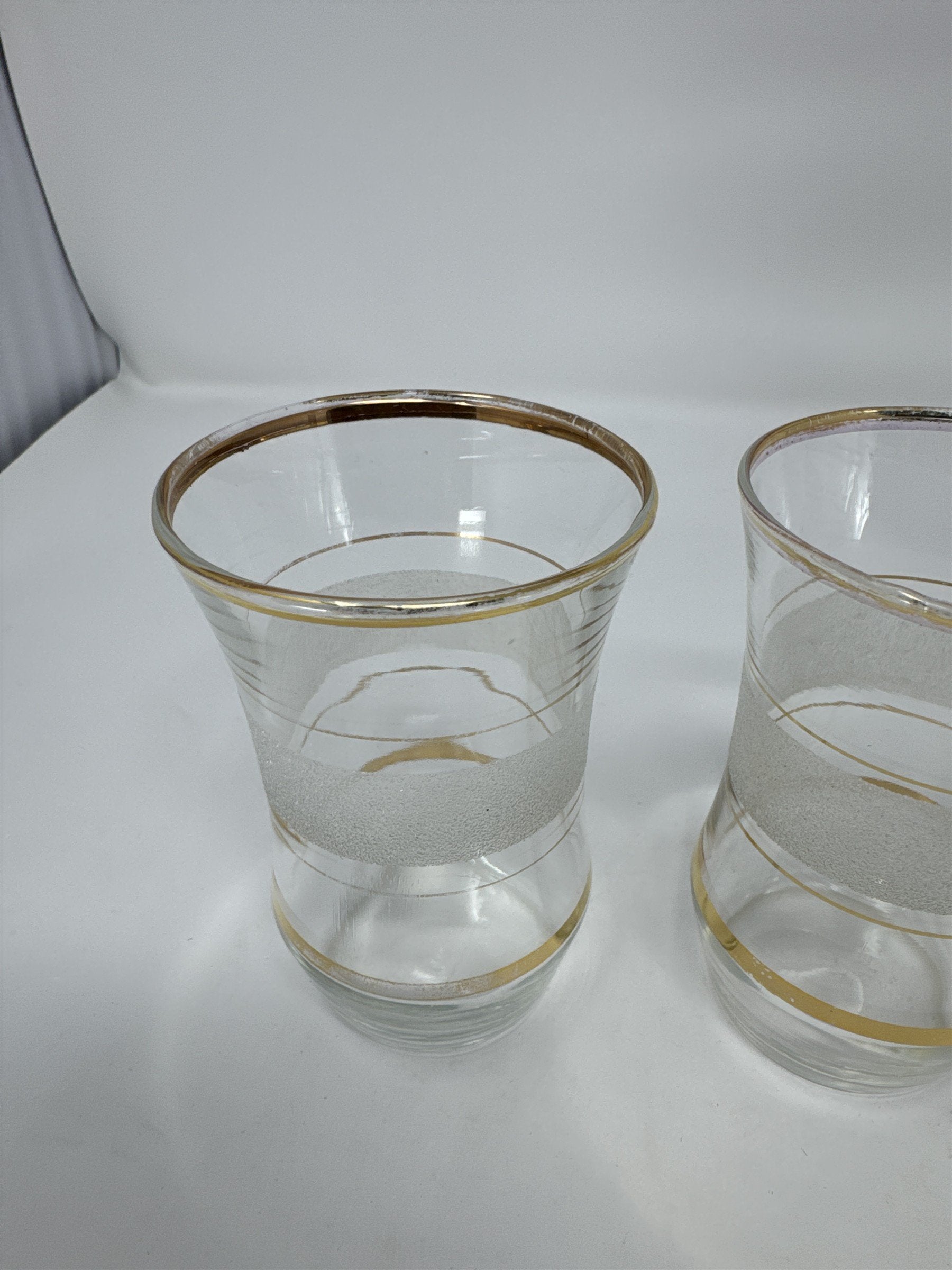Vintage MCM Frosted Gold Trim Juice Glasses Set of 5 Flared Gilded Tumblers