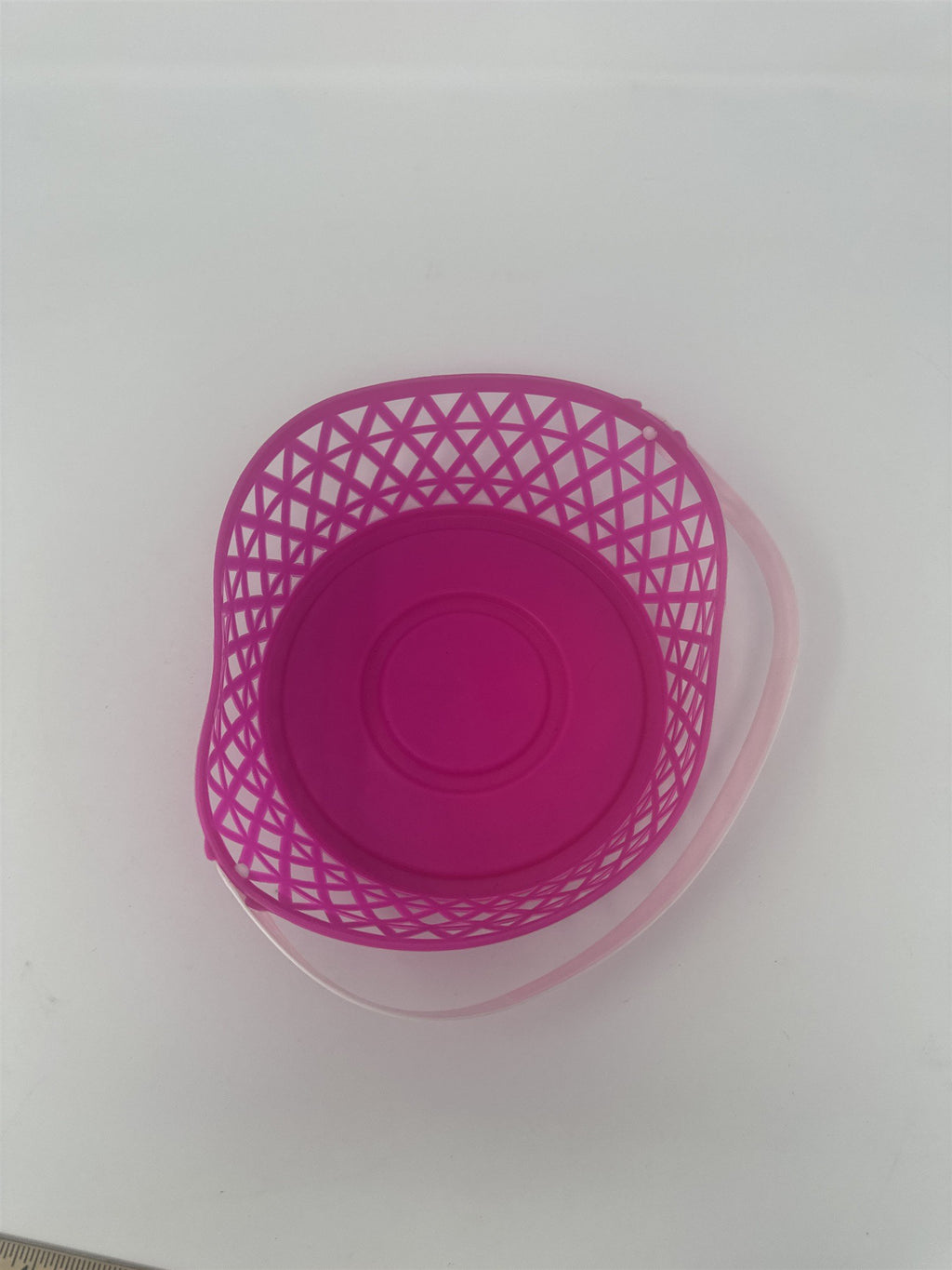 Vintage Pink Plastic Easter Basket White Handle 5" Small Berry Mesh Favor Kitsch