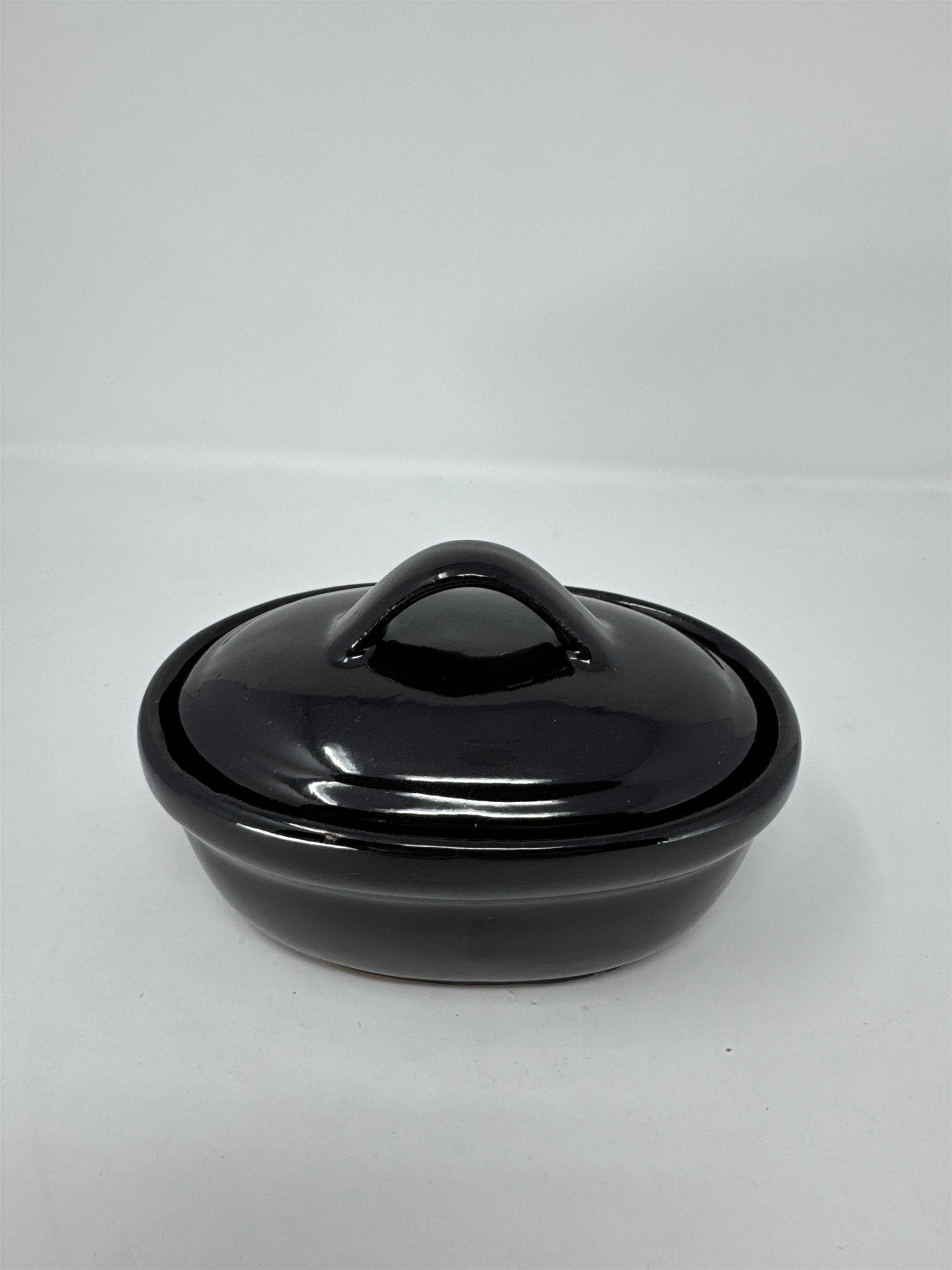 Vintage Black Glazed Stoneware Butter Crock with Lid Small Oval Pot Taiwan