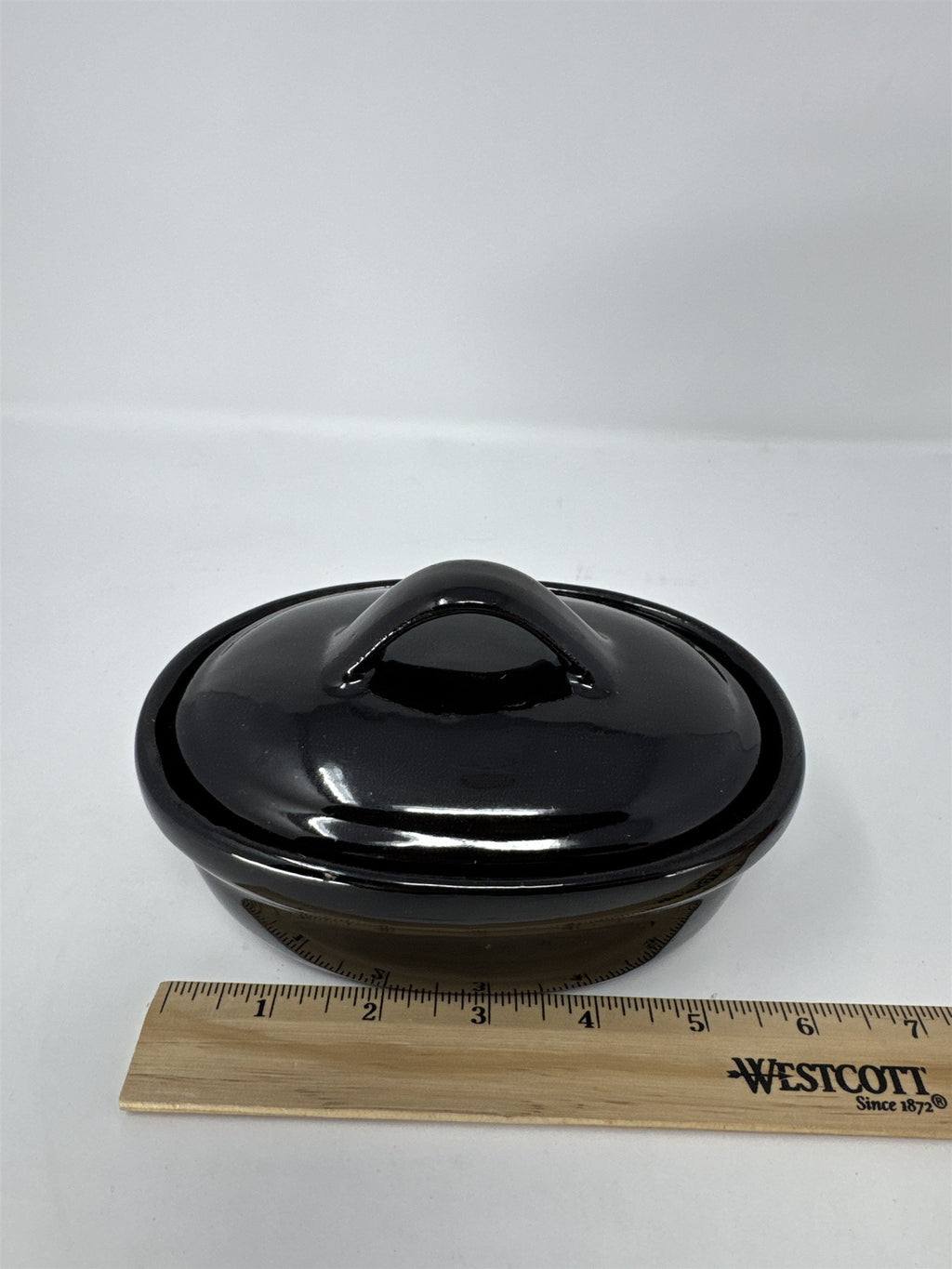 Vintage Black Glazed Stoneware Butter Crock with Lid Small Oval Pot Taiwan