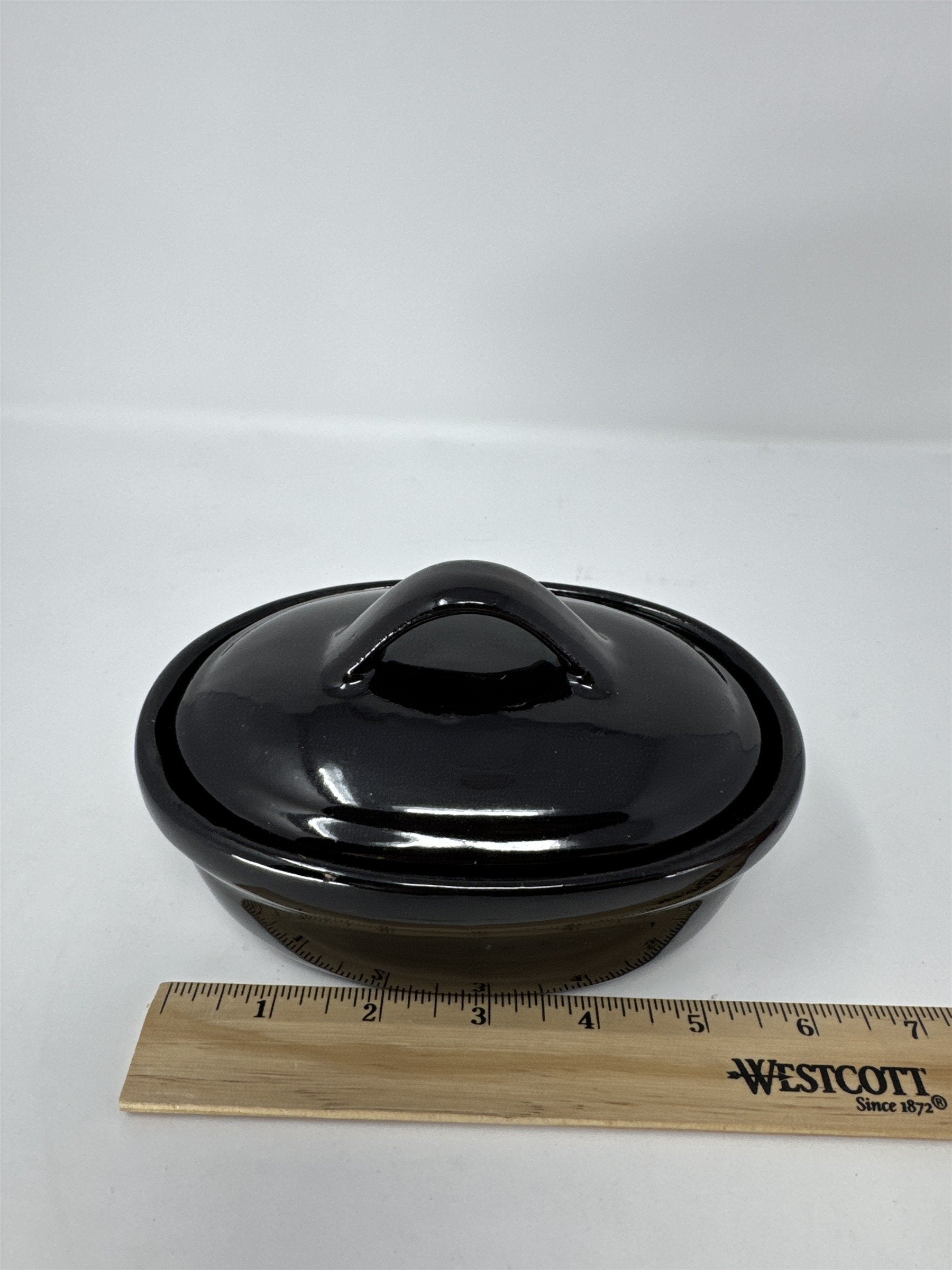 Vintage Black Glazed Stoneware Butter Crock with Lid Small Oval Pot Taiwan