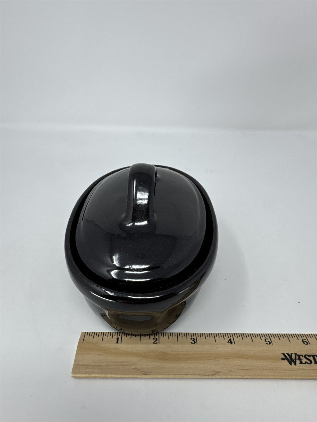 Vintage Black Glazed Stoneware Butter Crock with Lid Small Oval Pot Taiwan