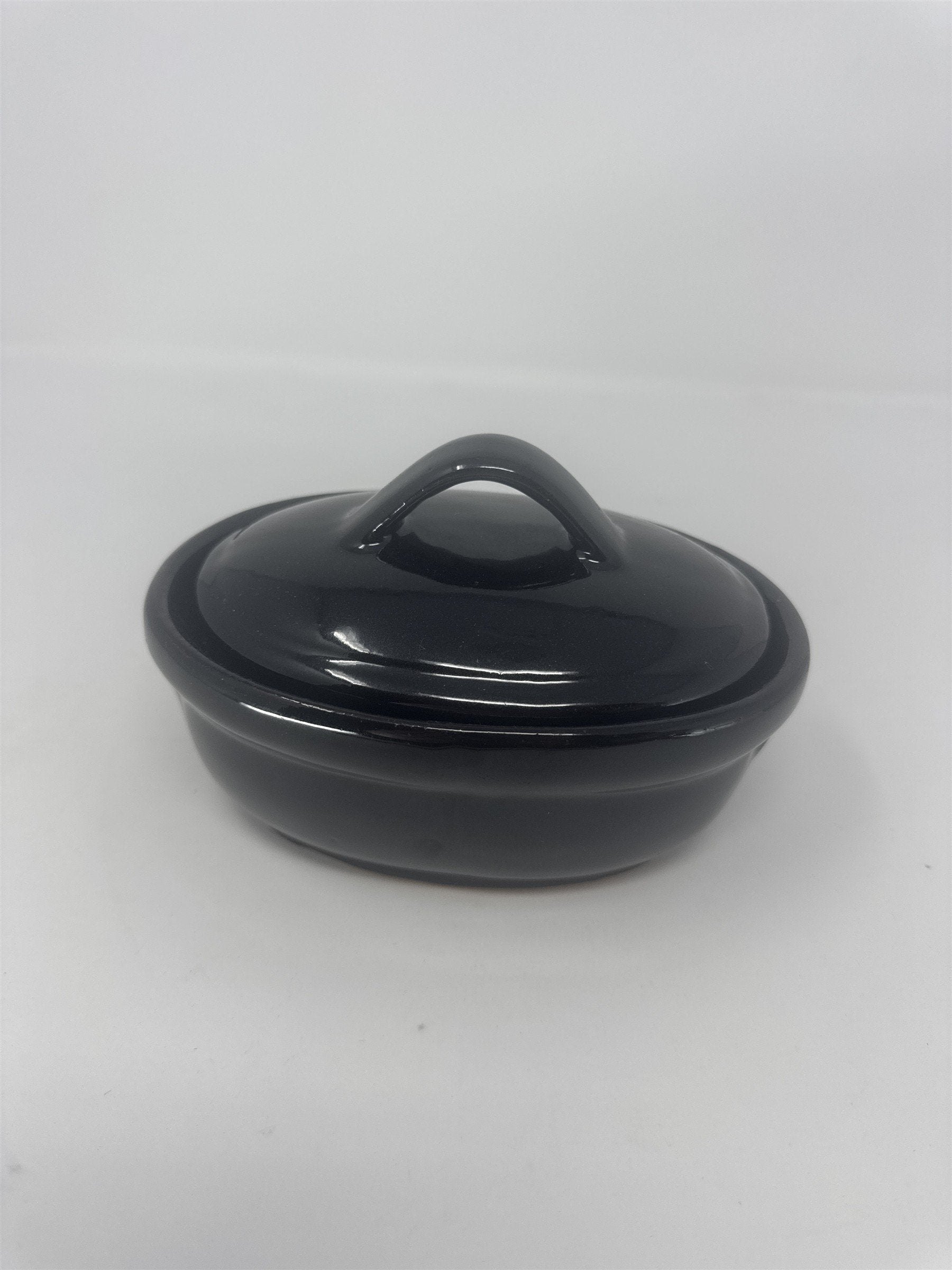 Vintage Black Glazed Stoneware Butter Crock with Lid Small Oval Pot Taiwan