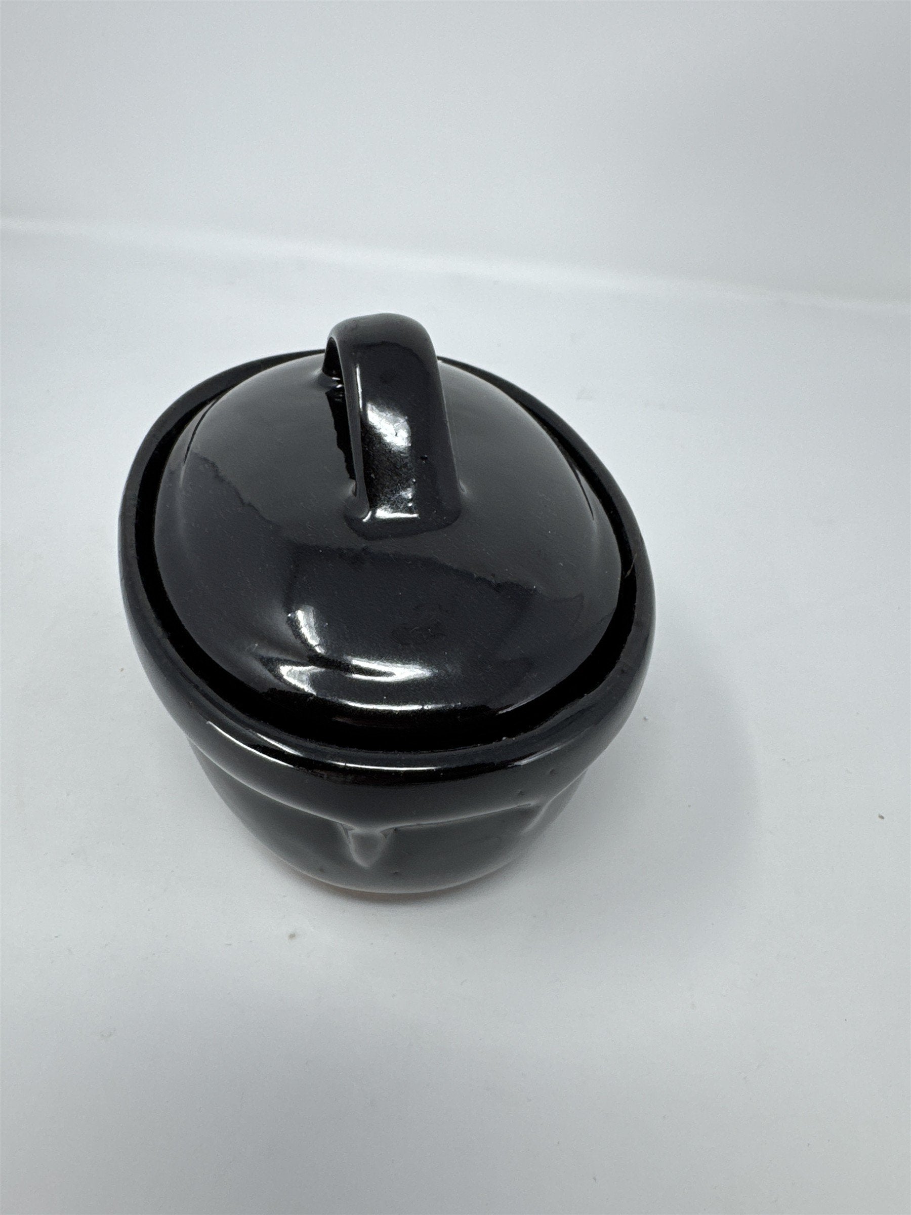 Vintage Black Glazed Stoneware Butter Crock with Lid Small Oval Pot Taiwan