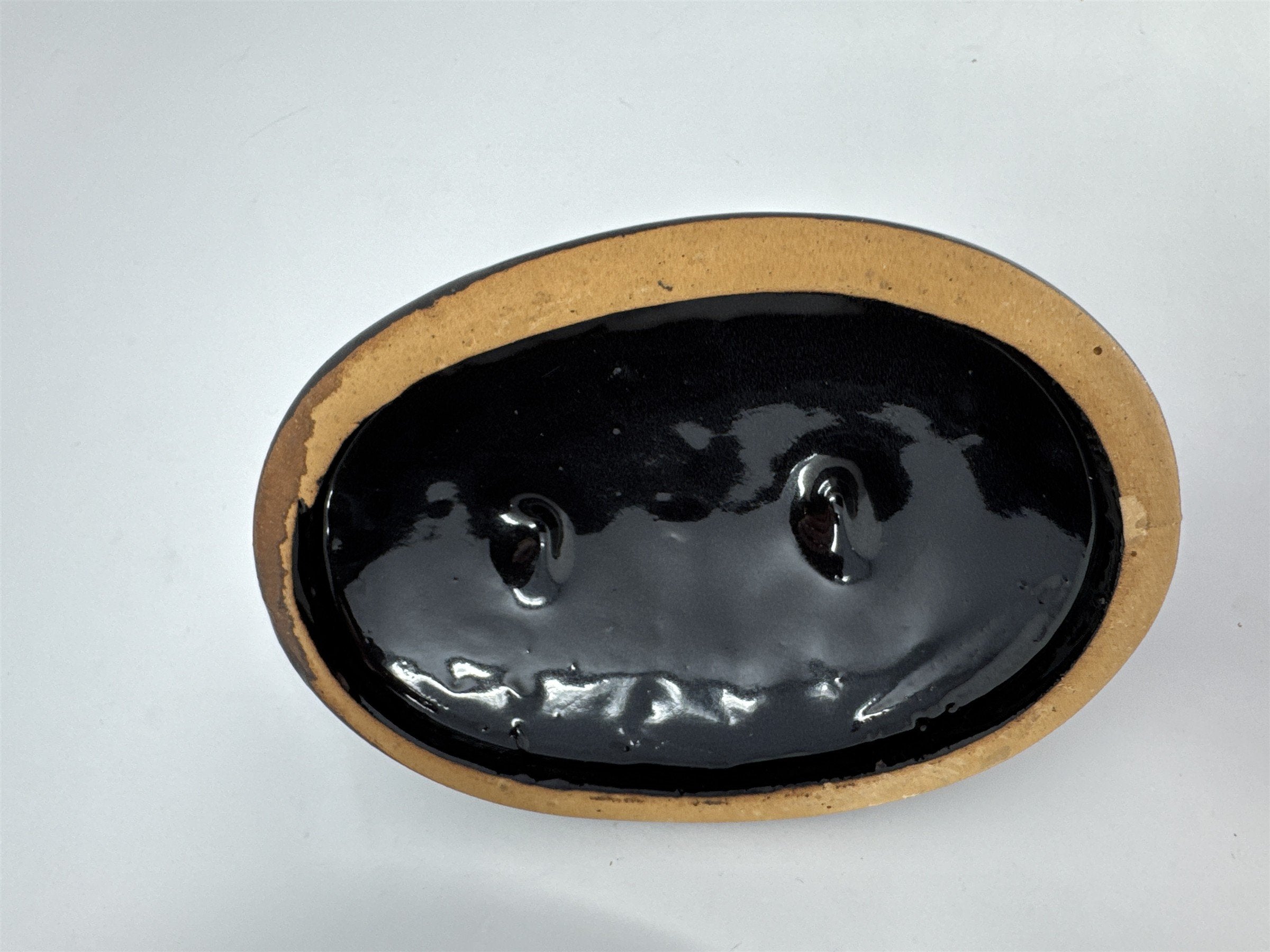 Vintage Black Glazed Stoneware Butter Crock with Lid Small Oval Pot Taiwan